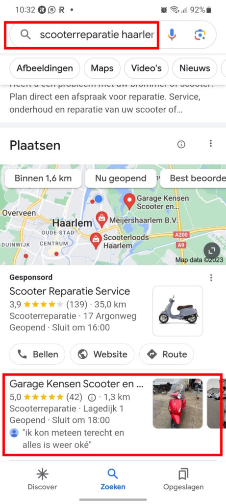 Op 1 in de Google maps voor scooter reparatie Haarlem